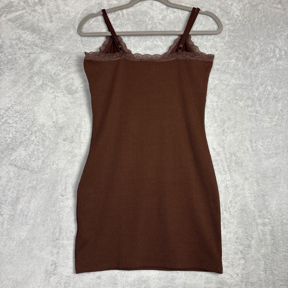 ✨ 2/$35 Divided H&M Ribbed Lace Trim Mini Dress Brown Tank Y2K Babydoll Cami 90s - Picture 3 of 7